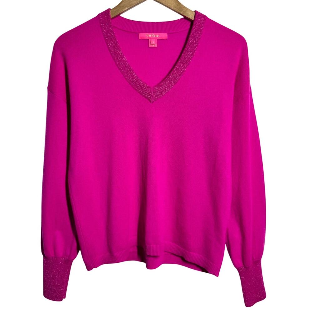 Lilly Pulitzer Cashmere Jasmina V Neck Sweater Pink Metallic Quite Luxury Preppy